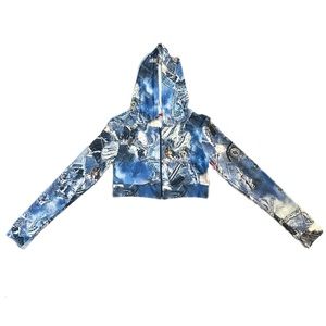 NWT Long Sleeve Blue Denim Graphic Print  Full Zip Hooded Crop Top - Small